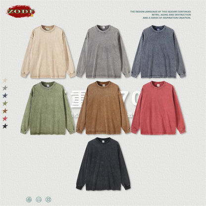 ZODF Retro 2025 Men Autumn Batik Washed T Shirt Unisex Oversized Basic Long Sleeve Solid 270gsm Cotton T-Shirts Tees HY0641
