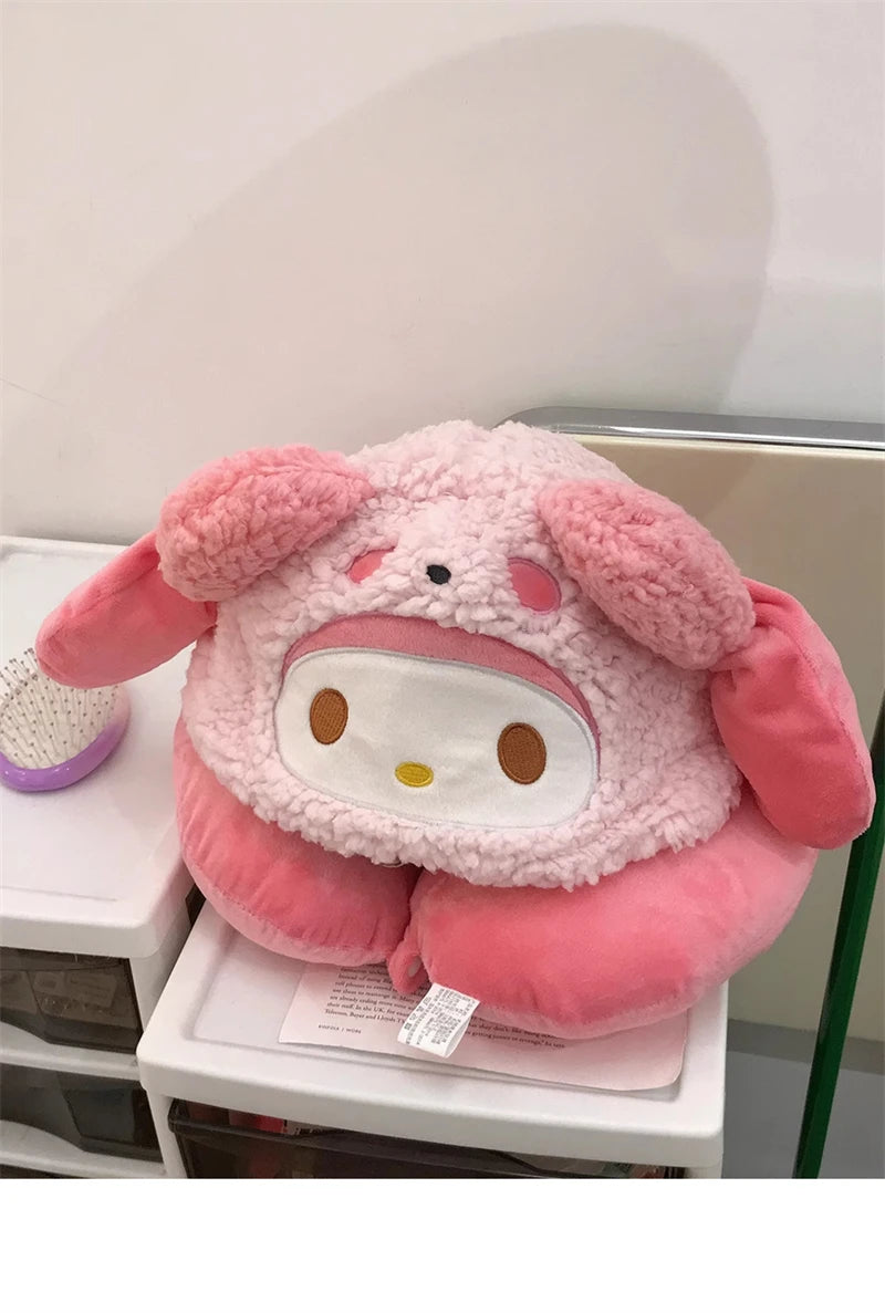 Stuffe Anime Hooded U-shaped Neck Pillow Hello Kitty Kuromi My Melody Travel Blackout Neck Pillow Office Nap Pillow Girl