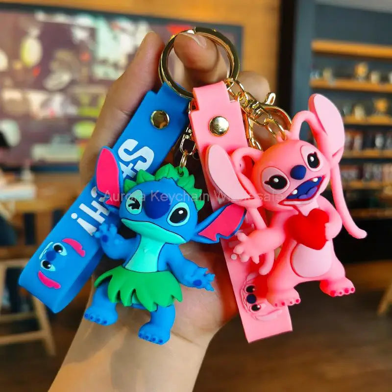 Disney Cartoon Anime Lilo and Stitch Pendant Keychains Holder Car Key Chain Key Ring Mobile Phone Bag Hanging Jewelry Gifts