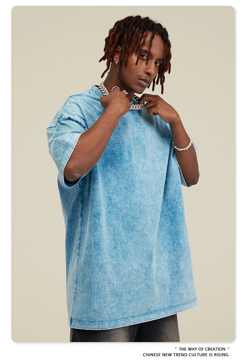 ZODF New Summer Men Washed Batik Cotton T Shirts Unisex American Retro High Street 270gsm Short Sleeve Tees Streetwear HY0489