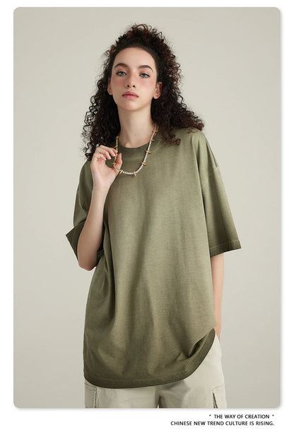 ZODF 2023 Men's Summer 255G Wash Gradient Fried Cotton T Shirt Round Neck Short Sleeve American Retro Loose T-Shirt HY0547