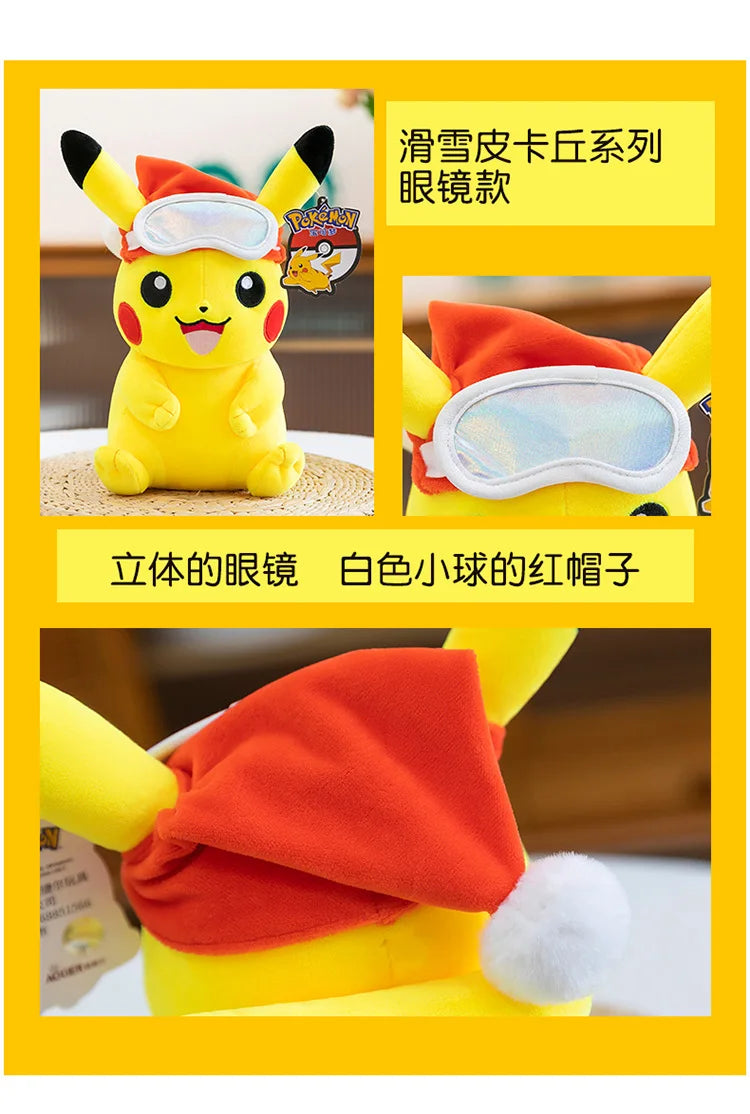 Pokemon Pikachu Plush Toys Anime Pokémon Plushie Dolls 25cm Kawaii Stuffed Pillow Skiing Pikachu Christmas Gifts for Childrens