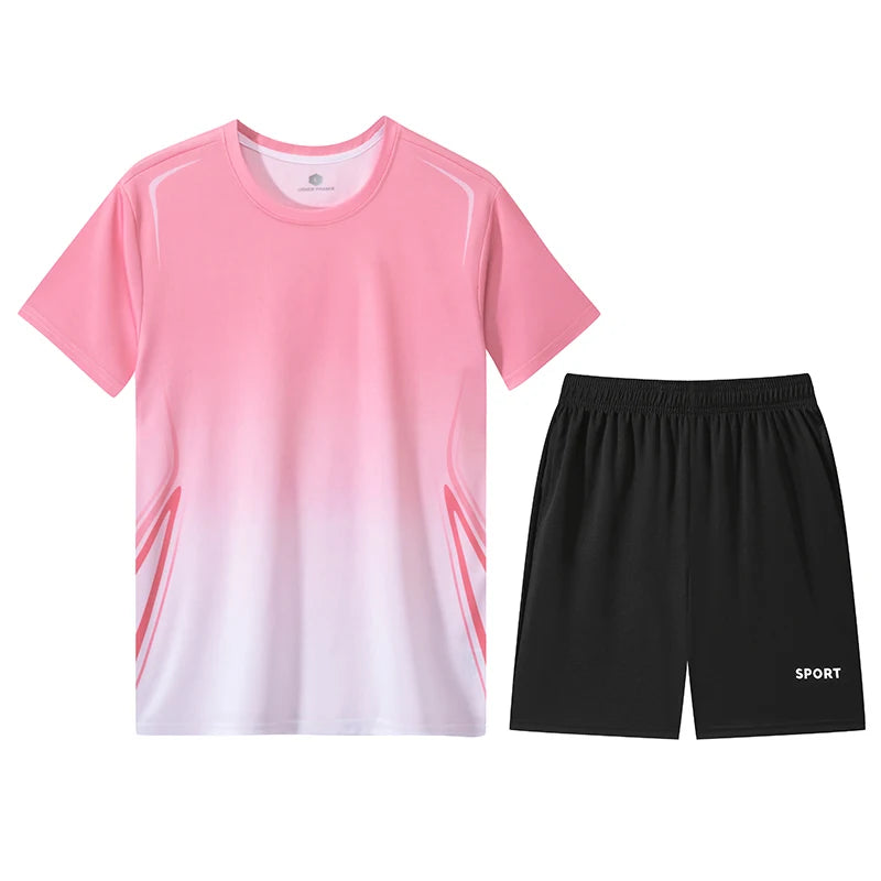 Chrlck Unisex Gradient Quick-Dry Ice Silk Fitness T-Shirt and Shorts Set for Running Gym Training - Pink