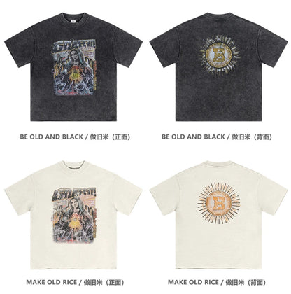 ZODF 2024 Summer 310GSM Cotton T-Shirts For Men Unisex Washed Comfortable High Street Printing T Shirt Tees HY0463