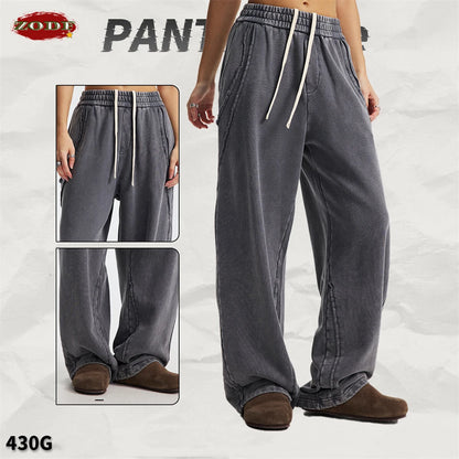 ZODF Retro 2025 Autumn Man Washed Cotton Straight Pants Unisex 430gsm Distressed Patchwork Oversized Trousers Sweatpants HY1168