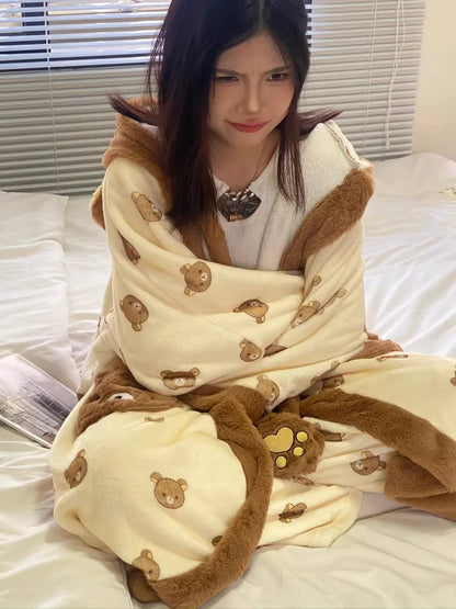 Rilakkuma Women'S Fleece-Lined Thickened Robe Coral Fleece Flannel Hooded Home Clothes Warm Nightgowns Casual Wear For Going Out