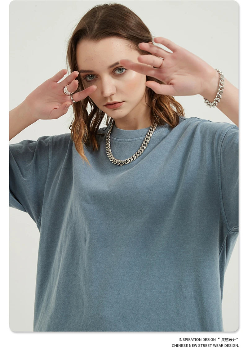 ZODF Men 2024 Retro Summer Washed Solid Cotton T-Shirts Unisex Retro Loose High Street 250gsm Basic Tees Streerwears HY0075