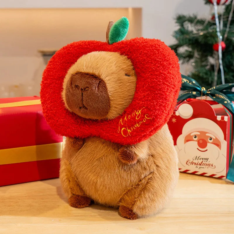 23-25cm Xmas Capybara Plushie Kawaii Capibara with Hat Apple Scarf Soft Christmas Gift for Kids Children - candy cane