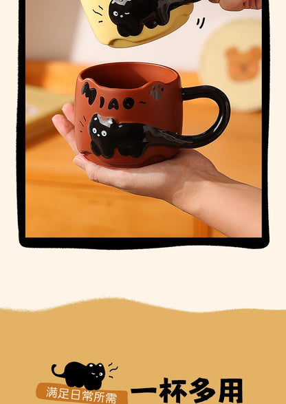 Cat Stacking Mug Creative Cute Cartoon Cat Ceramic Coffee Cup Fun Cat Tail Integrated Handle Cup Couple Water Cup Birthday Gift