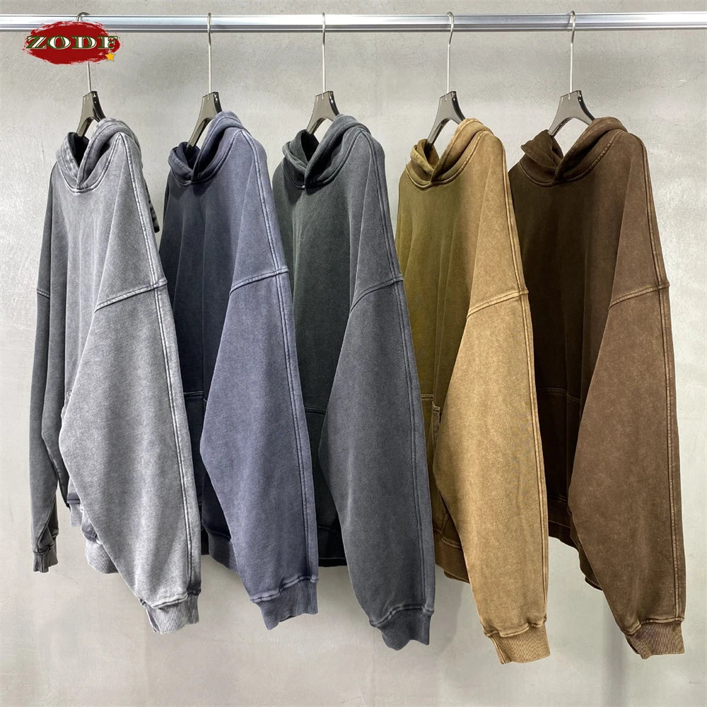 ZODF Vintage Batik Washed 420gsm Cotton Hoodies For Men Unisex Heavyweight Loose Hip Hop Hooded Sweatshirts Pullovers HY0696