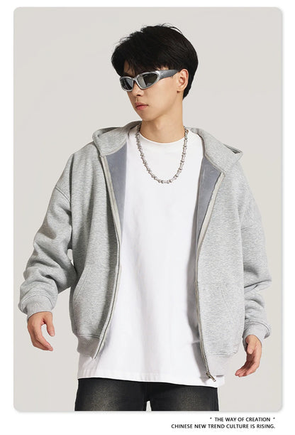 ZODF New Winter Men Zipper Fleece Hoodies Unisex Loose Heavy Weight Thick Warm Basic 420gsm Hooded Coats Hoodie HY0747