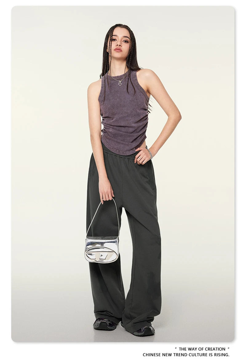 ZODF Women 2024 Summer Washed Tank Tops Female Hotsweet Girls 235gsm Slim Pleated Arc Hem Camisole TEE Streetwears HY0795