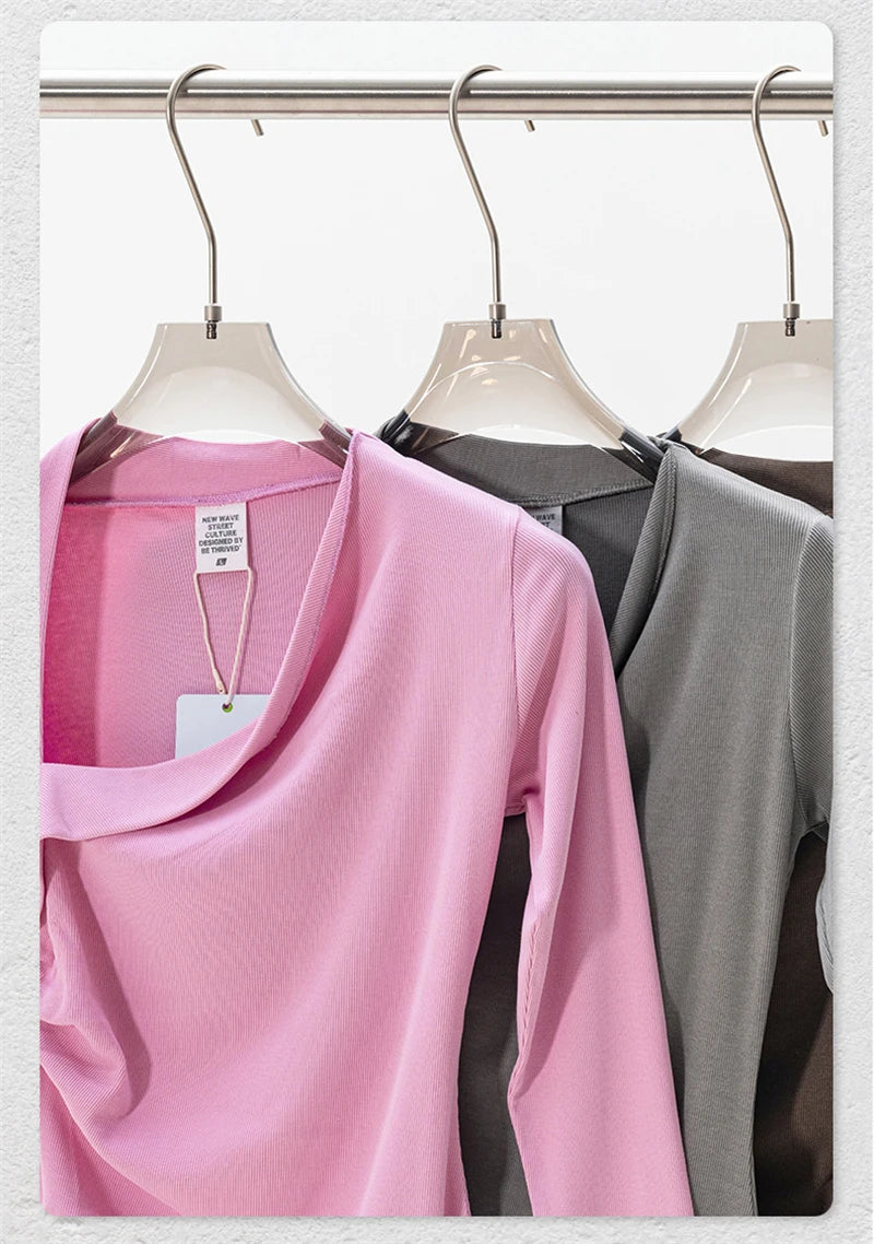 ZODF Retro Sexy Women Autumn Washed 275gsm T Shirt Ladies Girls Distressed Side Pleated Full Sleeve T-Shirts Tees HY1107