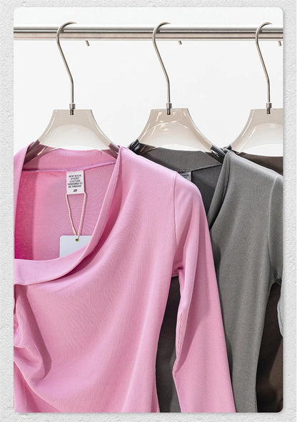 ZODF Retro Sexy Women Autumn Washed 275gsm T Shirt Ladies Girls Distressed Side Pleated Full Sleeve T-Shirts Tees HY1107