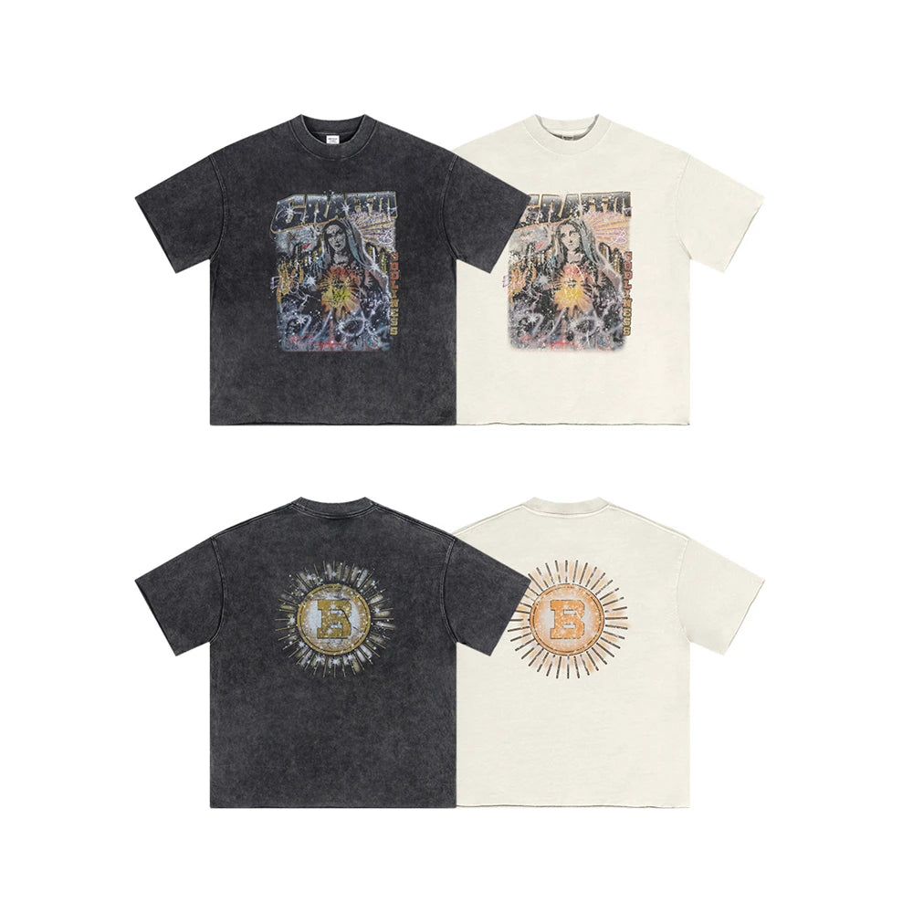 ZODF 2024 Summer 310GSM Cotton T-Shirts For Men Unisex Washed Comfortable High Street Printing T Shirt Tees HY0463