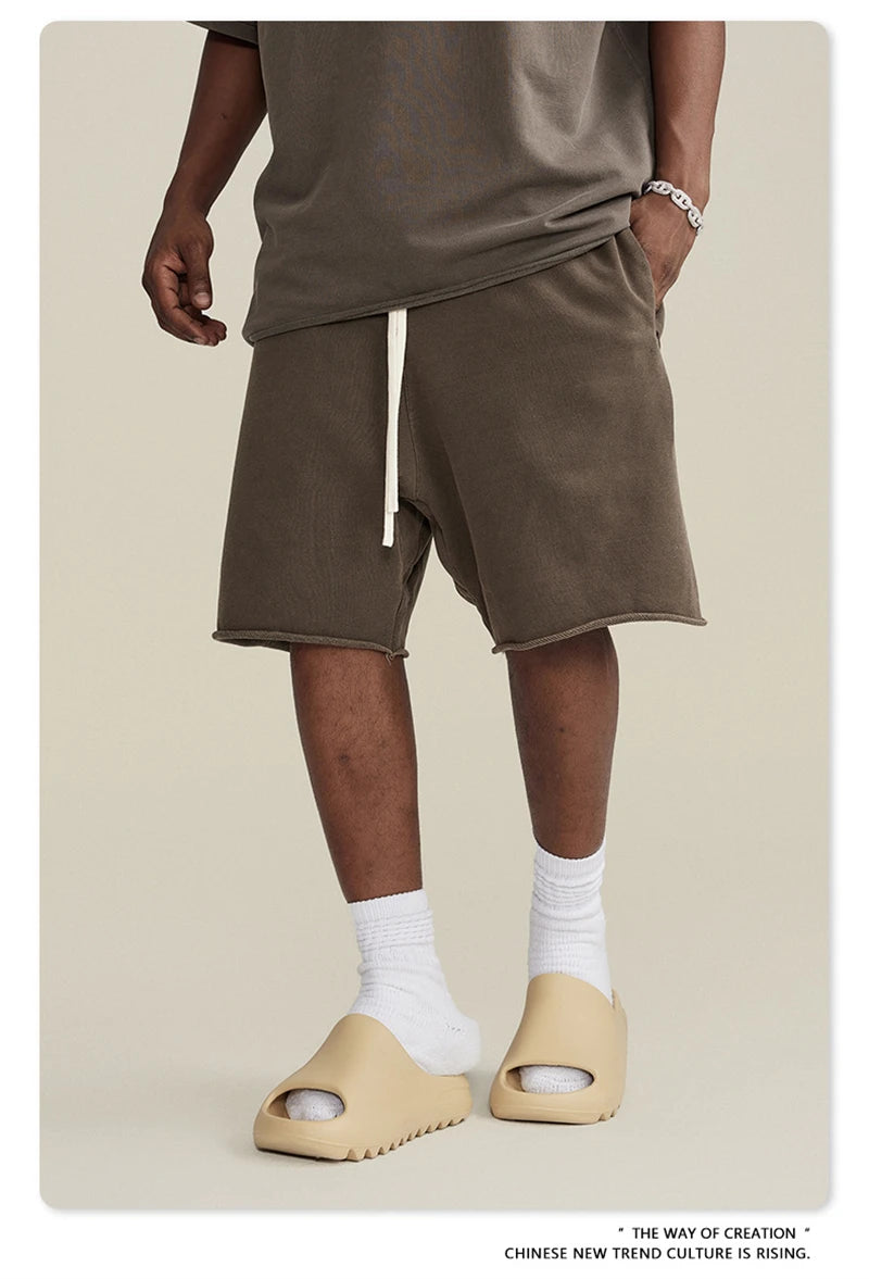 ZODF New Summer Men Retro Washed Shorts Unisex Drawstring Loose Edge 420gsm Solid Knee Length Cotton Pants Streetwears HY0589