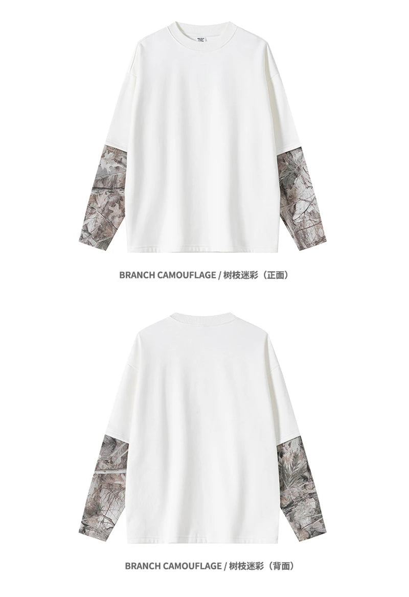 ZODF New Autumn Man Heat Transfer Printing T-Shirt Unisex Oversized 340gsm Fake 2-Piece Long Sleeve T Shirts Brand Tops HY1113