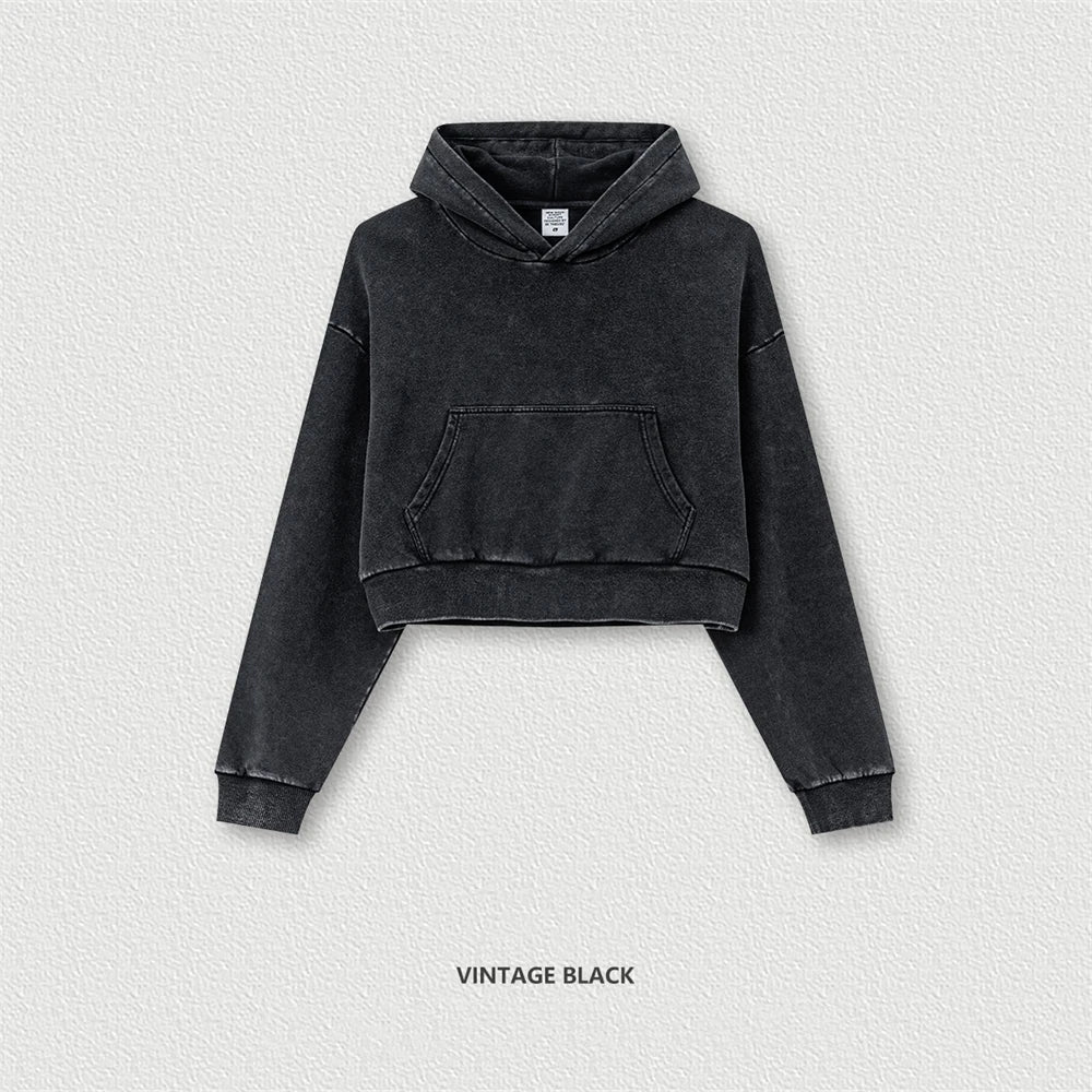 ZODF New Autumn Women Washed Crop Hoodies Female Girls Solid 380gsm Cotton Short Hooded Coats Streetwears HY0942