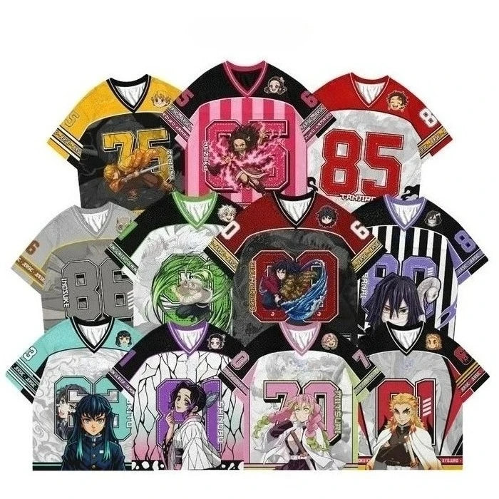 Demon Slayer Anime Series Number Jersey Oversize Daily Unisex Tops Tees Retro Korean Style Kpop Baseball Hockey Outfit T-shirt