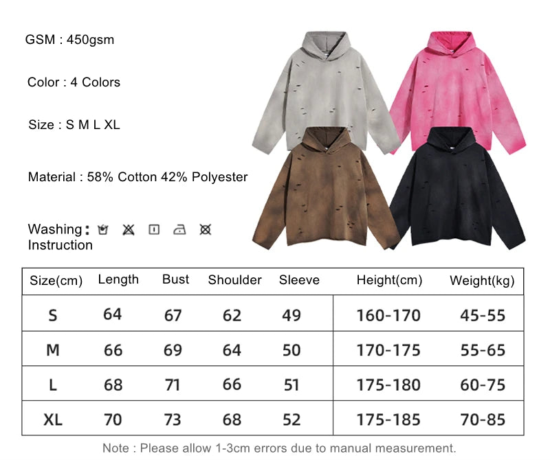 ZODF New Autumn Winter Men Monkey Washed Hoodies Unisex Disstressed Ripped Heavyweight Knitted 450gsm Hooded Pullovers HY0909