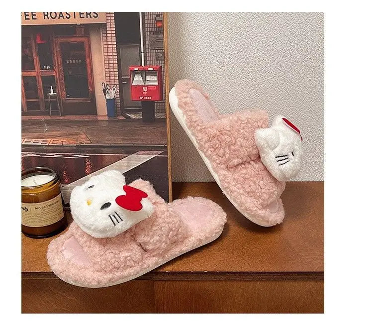 New Sanrio Sweet Hello Kitty Warm Cotton Slippers For Student Dormitory Comfortable One Word Hairy Adult Cotton Slippers