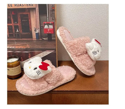 New Sanrio Sweet Hello Kitty Warm Cotton Slippers For Student Dormitory Comfortable One Word Hairy Adult Cotton Slippers