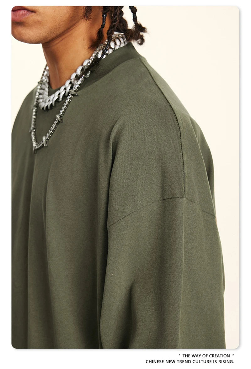 ZODF New 2024 Autumn 225gsm Loose Solid T-Shirt For Men Retro Unisex Antibacterial Full Sleeve T Shirts Brand Tops HY0871