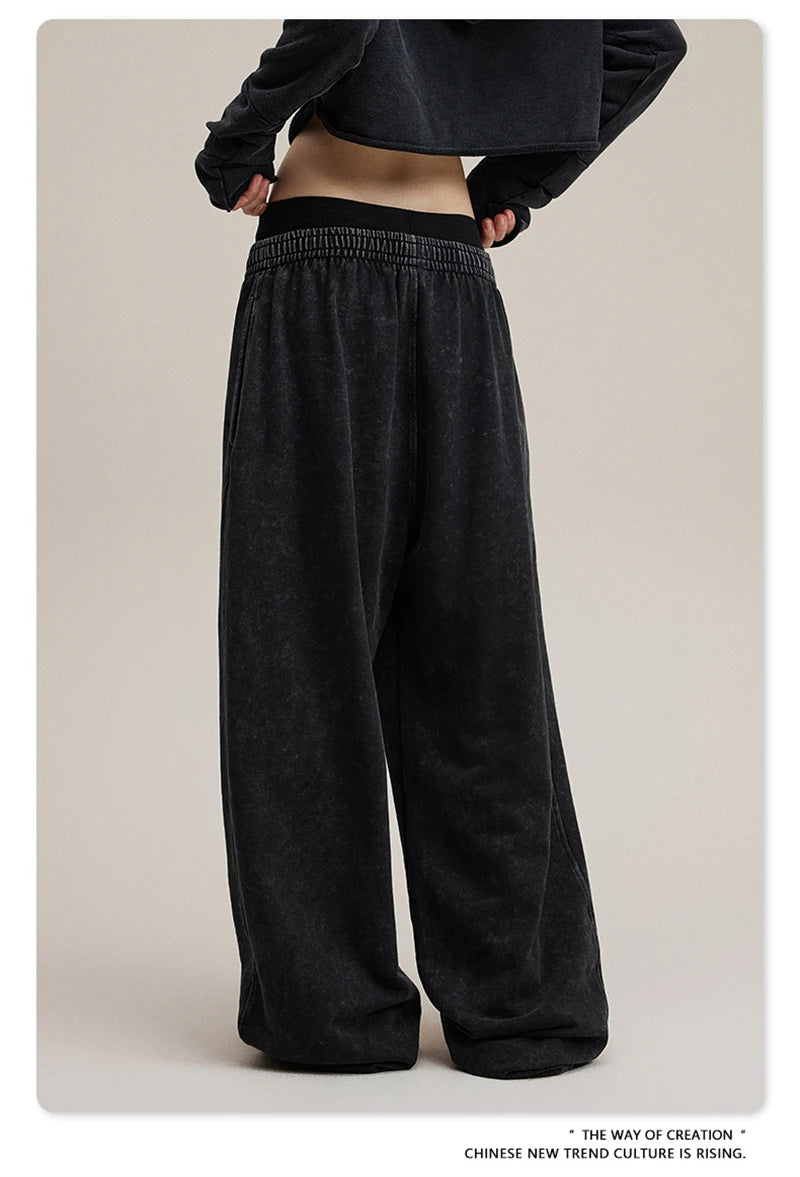 ZODF Retro Women Washed 370gsm Straight Pants Vintage Girls Female Loose Double Waist Wide Leg Cotton Trousers HY1150