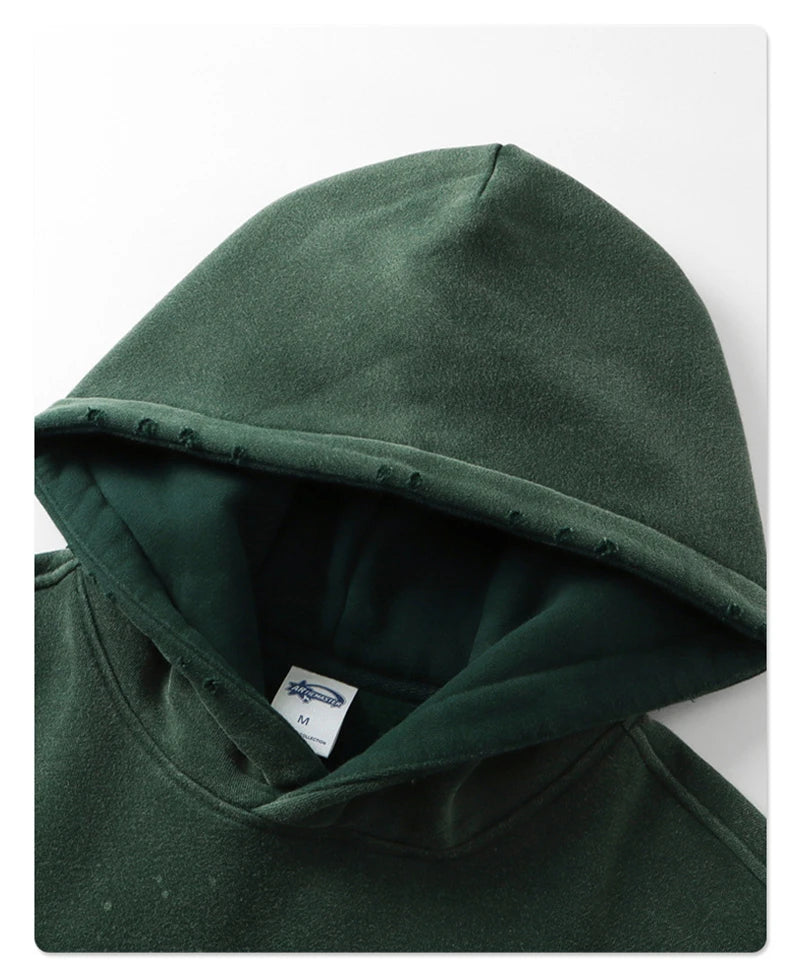 ZODF Trendy Men Washed 360gsm Fleece Hoodies Unisex Oversized Warm Paint Distressed Hooded Pullovers Winter Coat HY0947