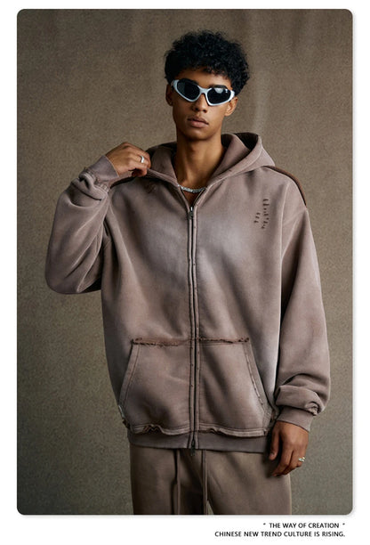 ZODF Retro Winter Men 400gsm Monkey Washed Zipper Hoodie Unisex High Street Loose Edge Ripped Distressed Hooded Pullovers HY1117