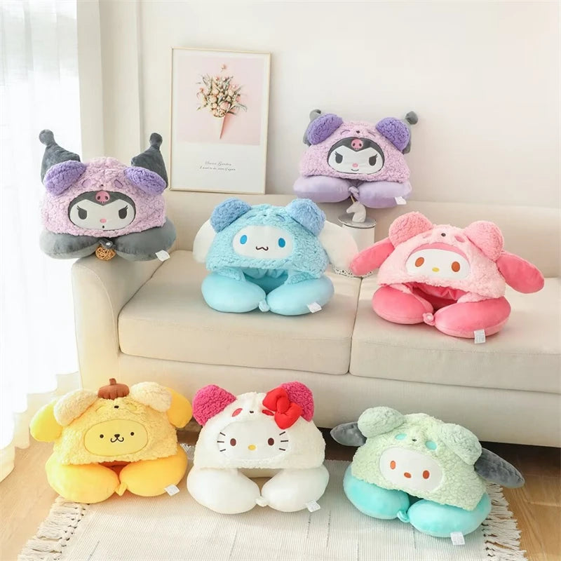 Stuffe Anime Hooded U-shaped Neck Pillow Hello Kitty Kuromi My Melody Travel Blackout Neck Pillow Office Nap Pillow Girl