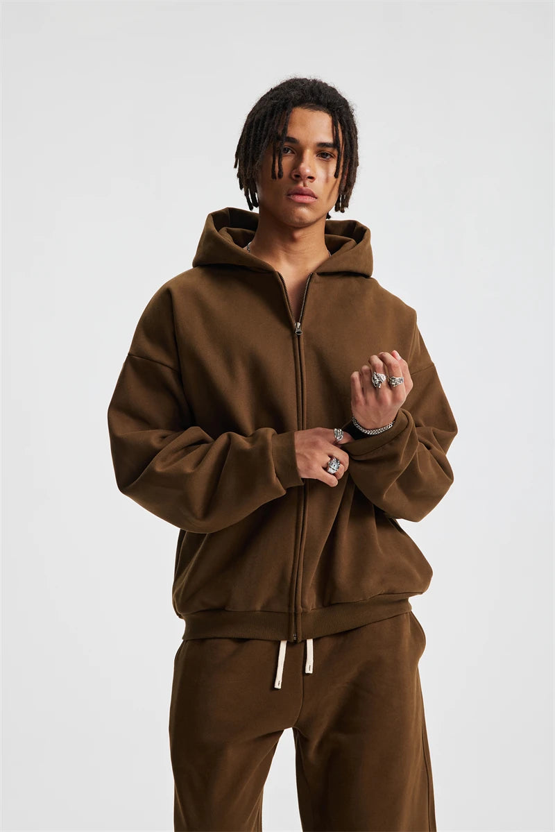 ZODF Trendy Winter Man Warm 430gsm Fleece Zipper Hoodies Unisex Solid Loose Zip-Up Hooded Coats Brand Outfit HY1130