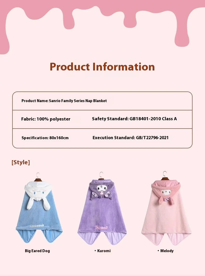 Cartoon Cute Cinnamoroll Kuromi My Melody Blanket Hooded Poncho Blanket Office Nap Blanket  Conditioning Blanket Surprise Gift