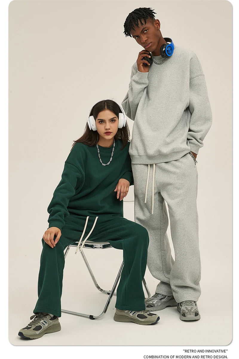 ZODF New 2025 Winter 350gsm Fleece Sweatshirts For Men Unisex Casual Loose Basic Solid O-Neck Thick Warm Pullovers HY0635