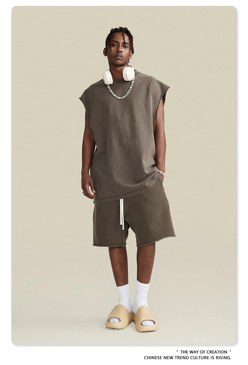 ZODF American Retro Men Washed Solid Tank Tops Women Unisex Loose Edge 275gsm Cotton Sleeveless Tees Brand Streetwears HY0503