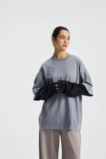 ZODF Retro Fake 2-Piece Cotton T-Shirts For Man Unisex Distressed Full Sleeve Washed O Neck T Shirt Brand Tees HY1156