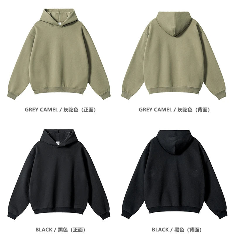 ZODF New Winter Men Solid Fleece Hoodies Unisex Women 345gsm Loose Warm Side Zipper Pocket Hooded Pullovers Brand Clothes HY0867