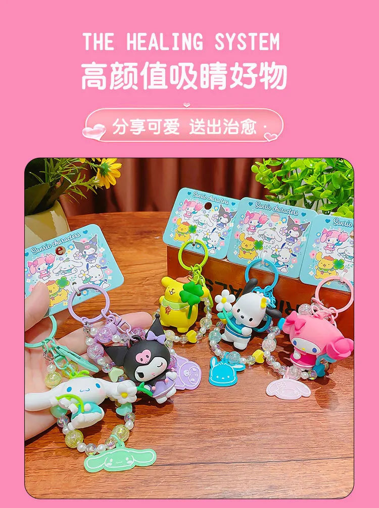 Sanrio Cartoon Animal Kuromi Pompom Purin Cinnamoroll Melody Pachacoo Pendant Keychain Key Ring Action Figure Model Toy Gifts