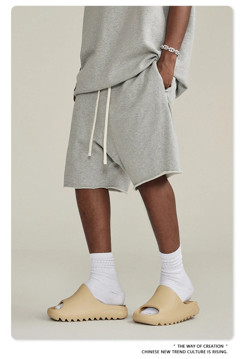 ZODF New Summer Men Retro Washed Shorts Unisex Drawstring Loose Edge 420gsm Solid Knee Length Cotton Pants Streetwears HY0589