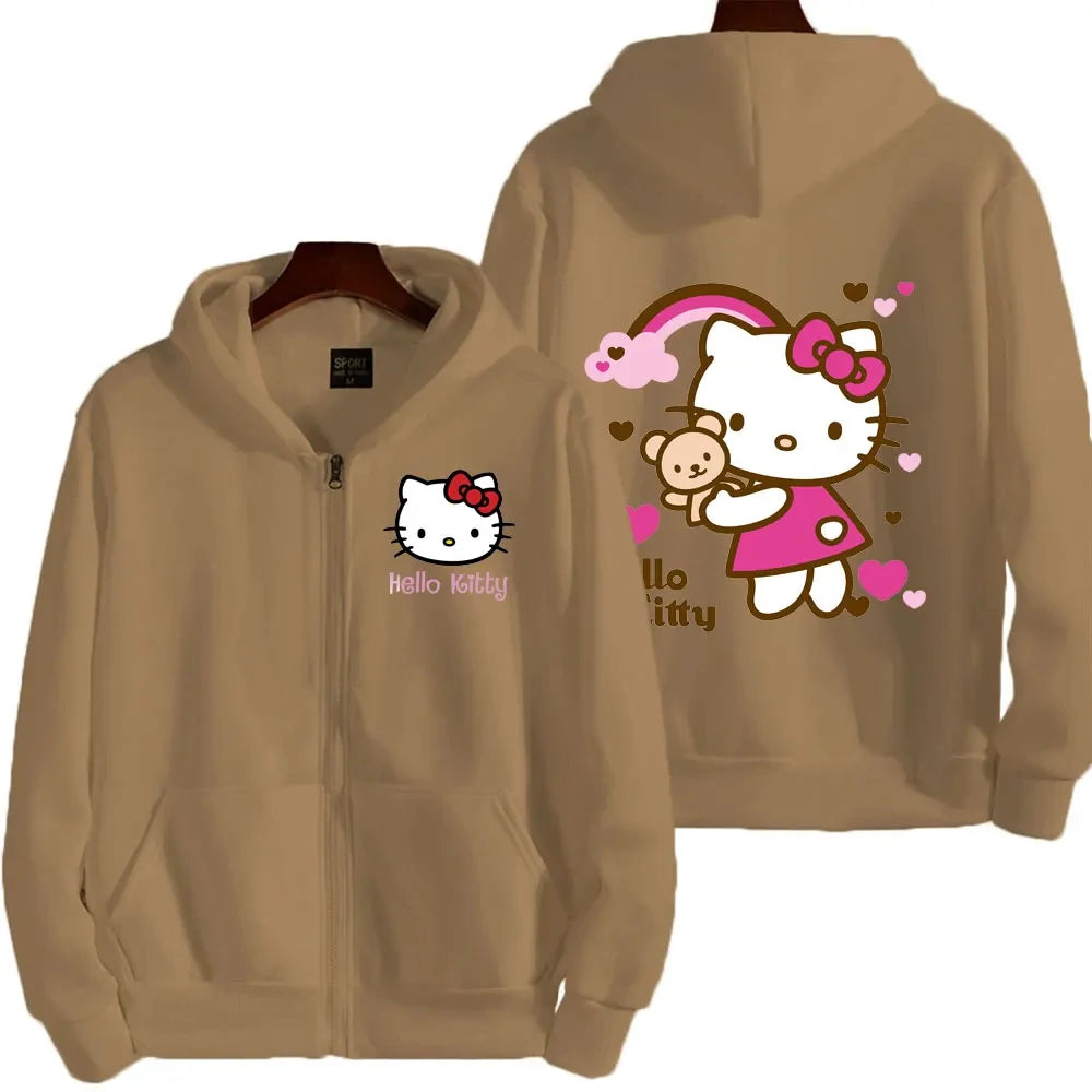 Women's Zipper Hoodie Autumn and Winter New Cute Kawaii Sanrio Hello Kitty Pattern Sweatshirt 2024 Streetwear Women's Clothing