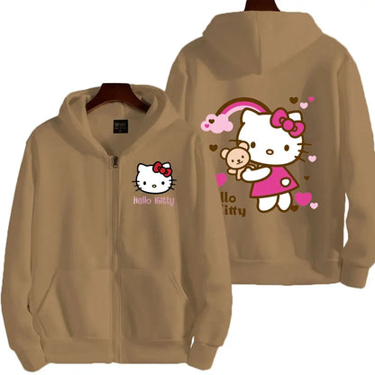 Women's Zipper Hoodie Autumn and Winter New Cute Kawaii Sanrio Hello Kitty Pattern Sweatshirt 2024 Streetwear Women's Clothing