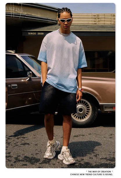 ZODF 2024 Summer Men Washed Gradient T-Shirts Unisex Women Distressed 250gsm Cotton T Shirt Brand Tees Streetwears HY0814