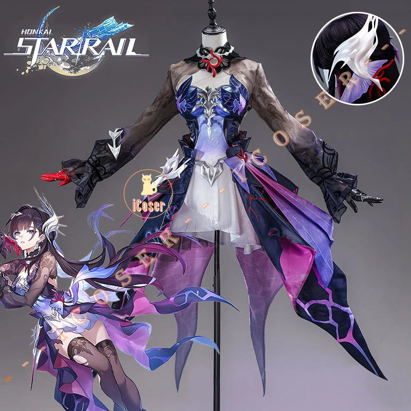 Honkai Star Rail Hysilens Cosplay Costume Wig Dress Earrings Headwear Rings Metal Accessories Halloween Party Women Girls iCoser