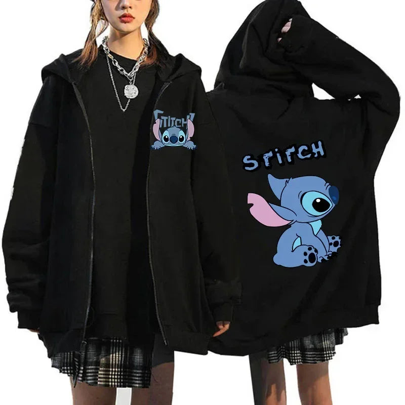 Womens Black Zip Hoodie Lilo & Stitch Mascot Costume Womens Winter Jacket Sale Sweater Aesthetic Pattern Hoodie Outerwear