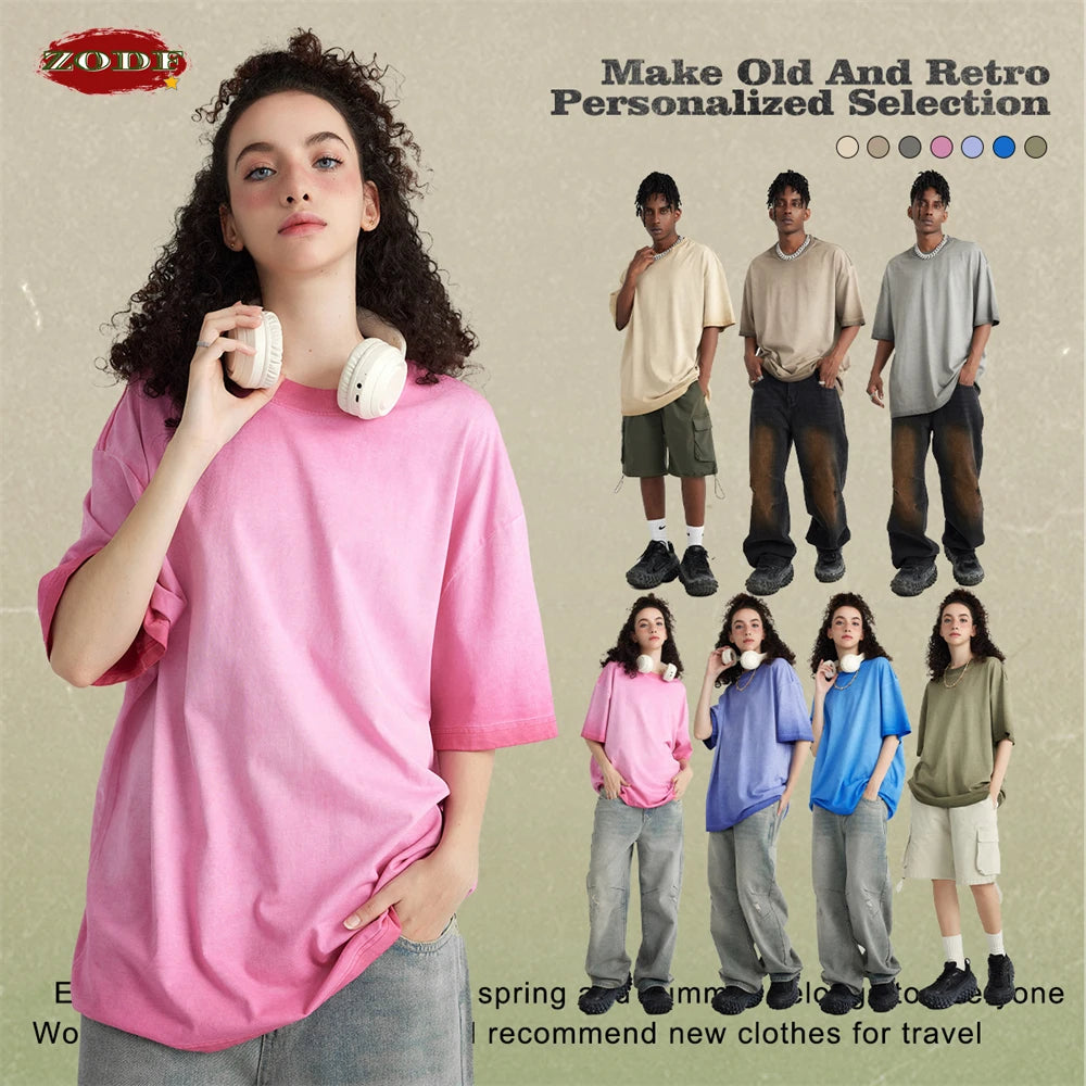 ZODF 2023 Men's Summer 255G Wash Gradient Fried Cotton T Shirt Round Neck Short Sleeve American Retro Loose T-Shirt HY0547