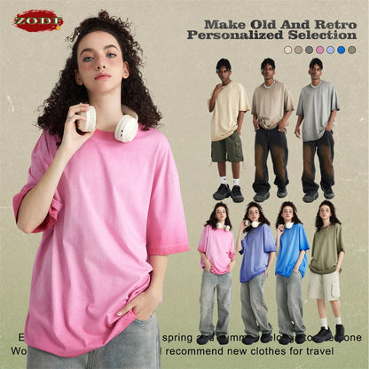 ZODF 2023 Men's Summer 255G Wash Gradient Fried Cotton T Shirt Round Neck Short Sleeve American Retro Loose T-Shirt HY0547