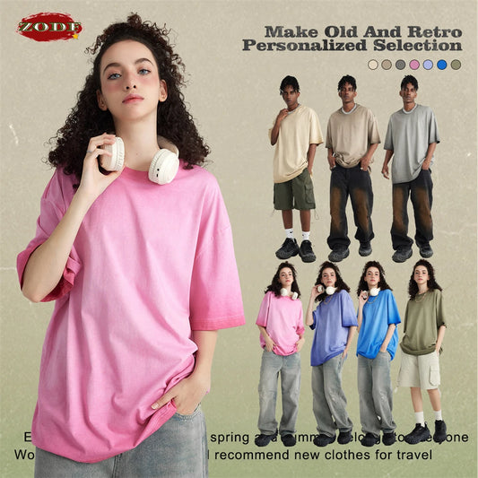 ZODF 2023 Men's Summer 255G Wash Gradient Fried Cotton T Shirt Round Neck Short Sleeve American Retro Loose T-Shirt HY0547