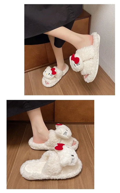 New Sanrio Sweet Hello Kitty Warm Cotton Slippers For Student Dormitory Comfortable One Word Hairy Adult Cotton Slippers