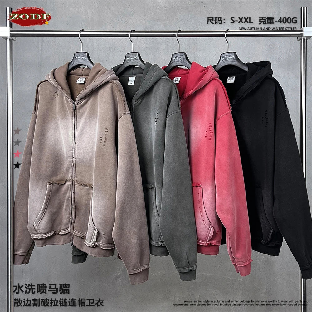 ZODF Retro Winter Men 400gsm Monkey Washed Zipper Hoodie Unisex High Street Loose Edge Ripped Distressed Hooded Pullovers HY1117