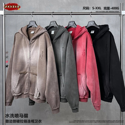 ZODF Retro Winter Men 400gsm Monkey Washed Zipper Hoodie Unisex High Street Loose Edge Ripped Distressed Hooded Pullovers HY1117